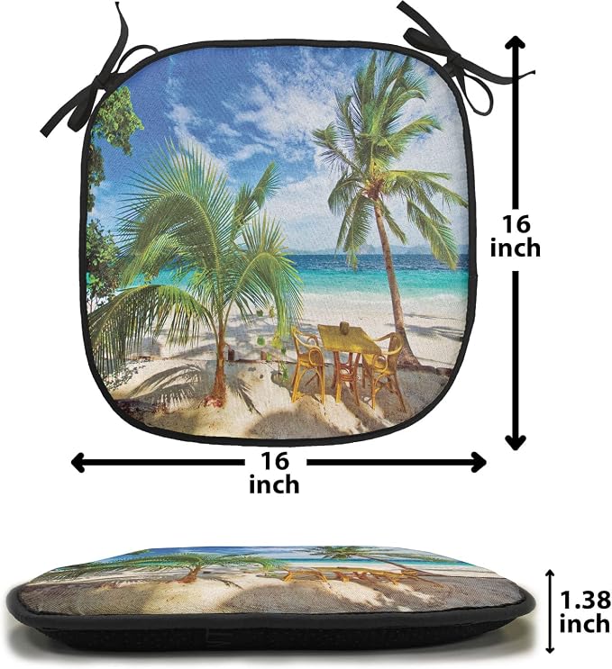 Lunarable Coastal Chair Cushion Pads Set of 8, Dining in Beach Under The Sun Rays Palm Trees Shadows Shades Vacation Image, Anti-Slip Seat Padding for Kitchen & Patio, 16"x16", Green Blue Ivory