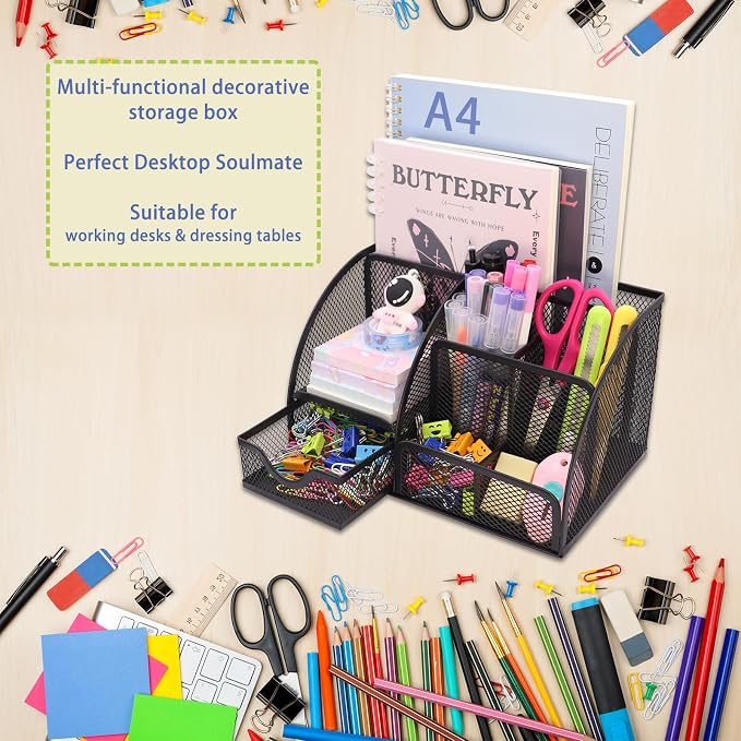Boutilon Mesh Desk Organizer Desktop Office Supplies Stationary Organizer with 6 Compartments and 1 Drawer Multi-Functional Caddy Pen Holder for Home Office School Desk Decor(Black)