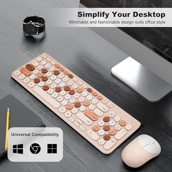 Wireless Keyboard and Mouse Combo, Retro Typewriter Keyboard with Round Keycaps, 2.4GHz USB Cute Wireless Keyboard Mouse for Computer, Desktop, Laptop (Milk Tea Colorful)