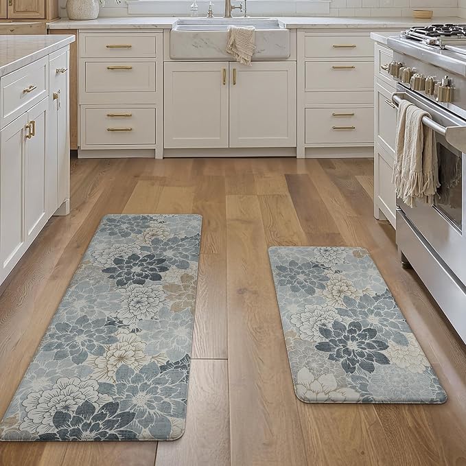 GENIMO Anti Fatigue Kitchen Mats for Floor 2PCS, Cushioned Standing Mats | 17.3"x47"&17.3"x30", Light Blue vintage floral rug set, waterproof, non slip, easy-clean for farmhouse