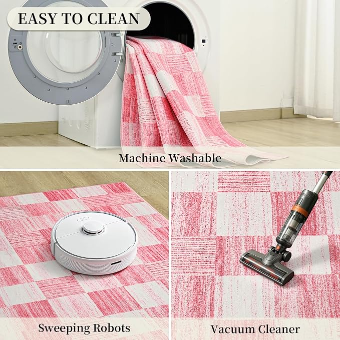 Terrug Pink Checkered Rug for Entryway, 2x3 Small Area Rugs Washable with Non Slip for Kitchen, Soft Low Pile Abstract Carpet for Home Office Front Door Porch