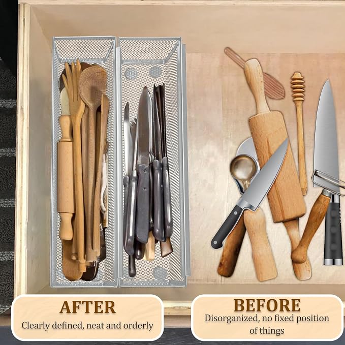 4PCS Drawer Organizer for Kitchen,Utensil Mesh Drawer Organizer with Interlocking Arm for Cosmetic,Flatware,Pen (12 * 3 * 2 Inches,Grey)