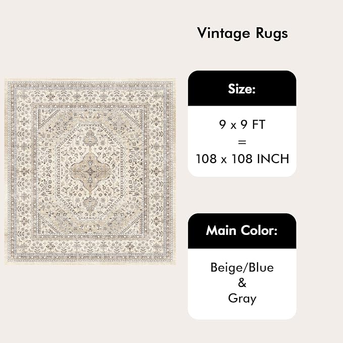 Puino 9x9 Square Area Rug - Washable Oriental Large Rugs for Living Room Soft Non-Slip Backing Indoor Carpet for Bedroom Low Pile Stain Resistant Floor Mat for Dinning Room Home Decor Beige/Gray