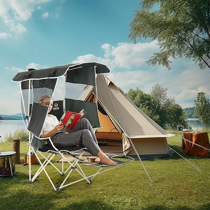 Nice C Chair with Canopy, Umbrella Chairs for Adults, Sports Chair with Shades, with Removable Footrest, Cooler Bag, Cup Holder for Camping, Fishing, Sports, Soccer, Beach (1Pack Green)