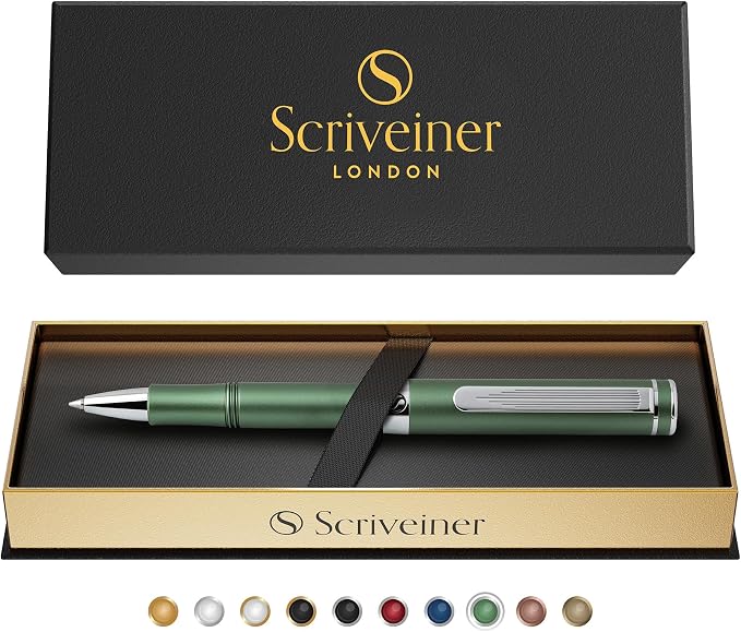 Scriveiner Green Rollerball EDC Luxury Pen, Stunning Pocket Pen with Chrome Finish, Cool Writing Pen, Best Gift for Men & Women, German Schmidt Refill, Nice Present, Fancy Office Designer
