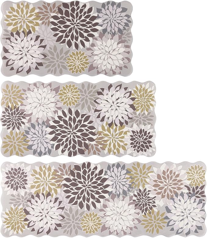 HEBE Anti Fatigue Kitchen Rugs Set of 3, Cushioned Kitchen Mats for Floor | Floral,Non Slip,Waterproof,Stain Resistant,Padded Comfort Standing Desk Mat with Runner for Office, Sink, Laundry Room