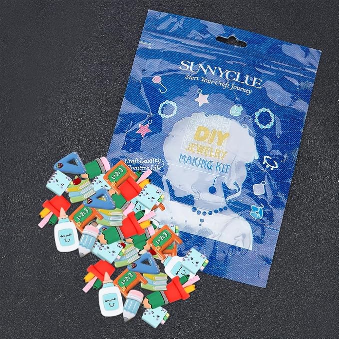 SUNNYCLUE Resin Cabochons Back to School Resin Charms Teacher School Themed Resin Charms No Hole Flat Back Brush Pencil Eraser Ruler Notebook Shape Colorful Cabochon for Hair Clips DIY Crafts
