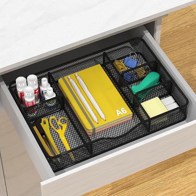 VyGrow Desk Drawer Organizer Tray, Metal Mesh Drawer Organizer for Office & Home, 6 Adjustable Compartments, Black, 2 Pack - 12.87x8.73x1.96 inch