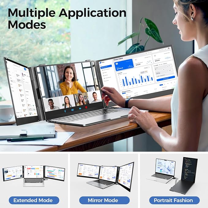 Laptop Screen Extender, 14" Ultra Thin Lightweight(2.2lb) FHD 1080P Triple Portable Monitor for Laptops 13-17.3", Plug-Play Aluminum Dual Monitor Extended for Mac/Windows, Business/Travel/Home/Office