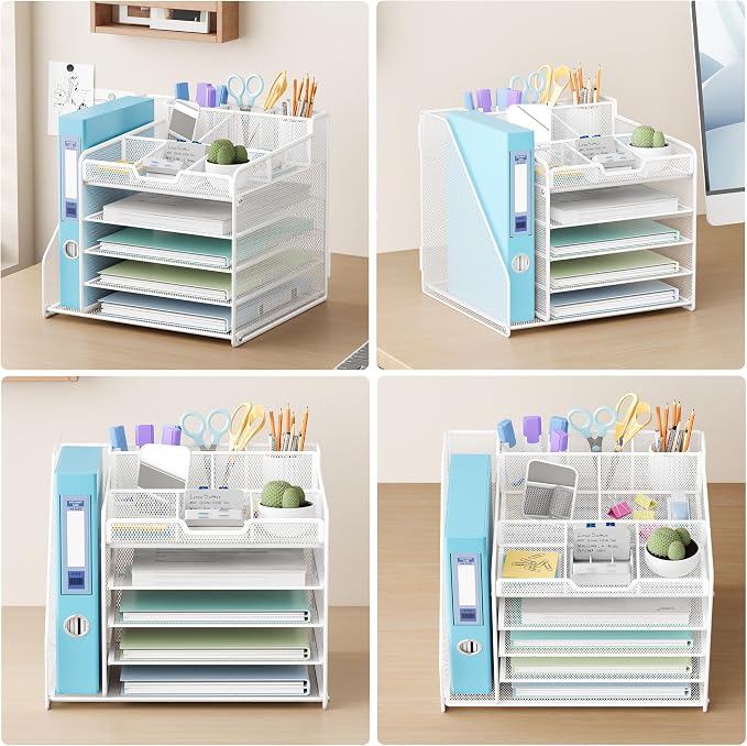 Lavatino Desk Organizer with File Holder, White 5-Tier Adjustable Paper Letter Tray for Office or Home Desk Organizers