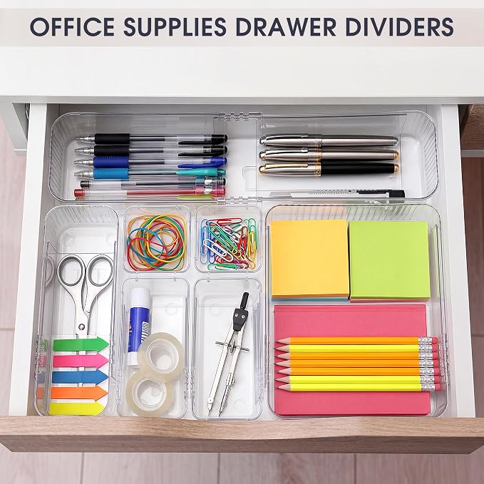 Aneco 14 Pieces Extendable Clear Drawer Organizer Adjustable Vanity Storage Box 4-Size Desk Drawer Divider Acrylic Storage Bins for Makeup, Cosmetic, Jewelries, Bedroom Kitchen Utensils Gadgets