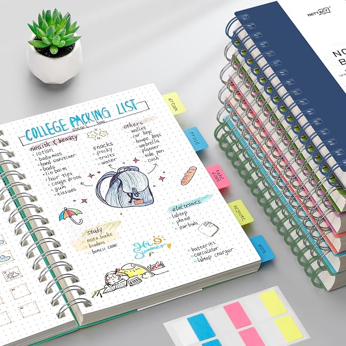 RETTACY Dotted Journal Notebook, 300 Pages, A5 Medium Size (5.7'' × 8.2''), 100 GSM Thick Paper, Flexible Plastic Cover, Spiral-bound, for Journaling, Planning, Tracking (Navy Blue)