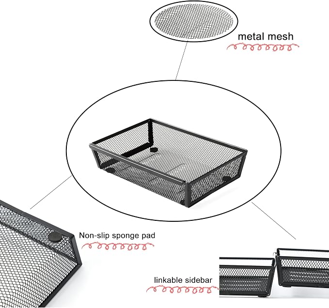 Mesh Tray Silverware Drawer Organizer, Utensil Cutlery Tray Office Supplies with Interlocking Arm Drawer Dividers Organizer for Flatware, Knives,Home,Office, School,Bedroom 9X6"Black