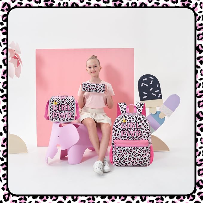 Backpack for School Girls Backpack with Lunch Box Kids Backpacks for Girls Leopard Backpacks for Elementary Teens Back to School