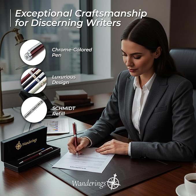 WANDERINGS Premium Ballpoint Pen with German Ink – Perfectly Balanced for a Superb Writing Experience, Chrome Accents – Winefire Red - Includes a Schmidt Refill in a Giftable Presentation Case