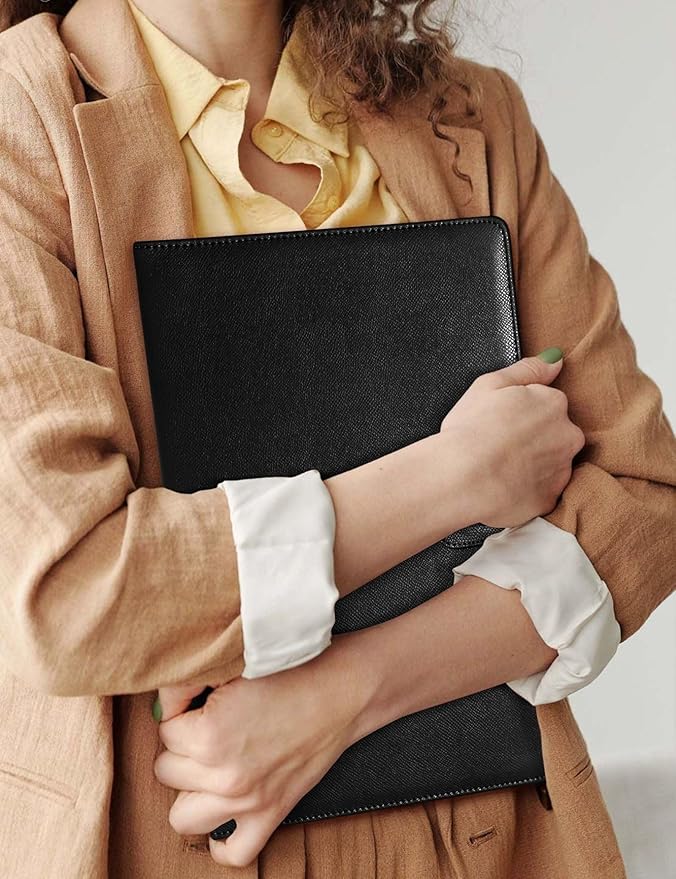 Mymazn Padfolio Portfolio Folder, Faux Leather Interview Resume Folder with Document Organizer & Business Card Holder, Letter-Sized Notepad Legal Pad Holder for Men Women (Black)