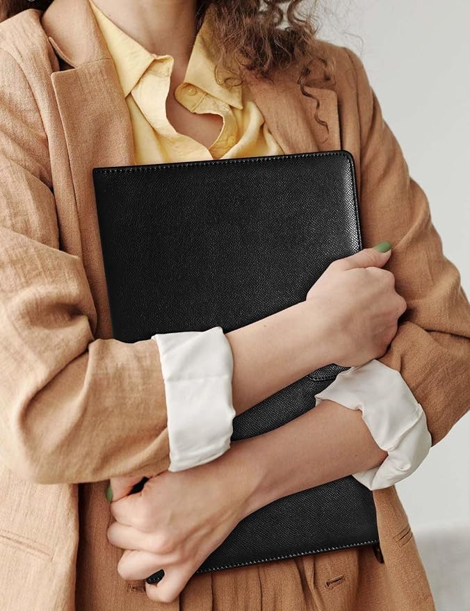 Mymazn Padfolio Portfolio Folder, Faux Leather Interview Resume Folder with Document Organizer & Business Card Holder, Letter-Sized Notepad Legal Pad Holder for Men Women (Black)