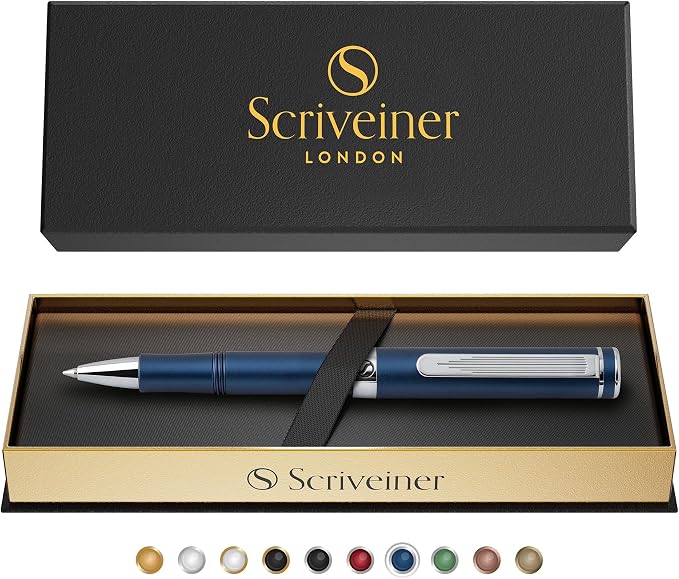 Scriveiner Blue Rollerball EDC Luxury Pen, Stunning Pocket Pen with Chrome Finish, Cool Writing Pen, Best Gift for Men & Women, German Schmidt Refill, Nice Present, Fancy Office Designer