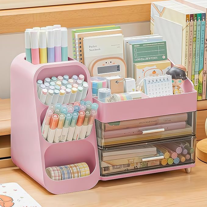 Desk Organizer with Pen Pencil Holder, Pen Organizer with 2 Drawers & 4 Compartments, Desktop Organizers and Storage for Office Home School Art Supplies (Pink)