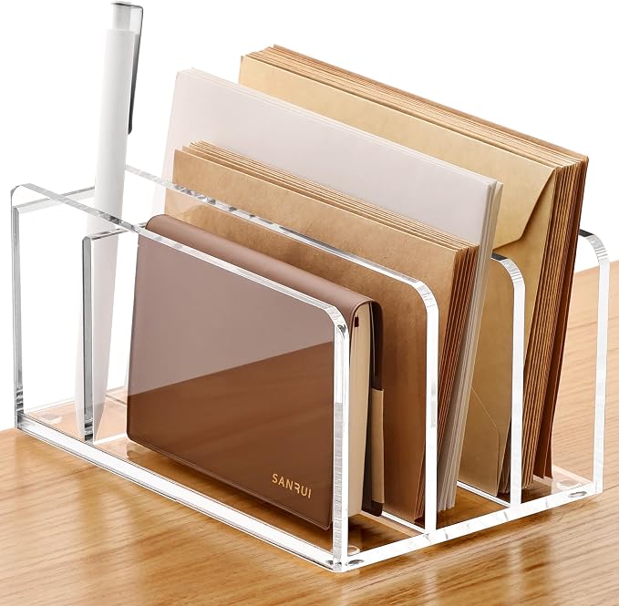SANRUI Acrylic Mail Sorter Desktop Organizer with Pen Holder, 3 Compartments Clear Small File Script Letter Document Storage for Desk Bill Filling Envelope Holder Office, Home, School Organization