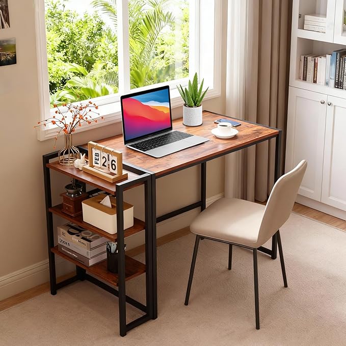 GarveeLife 35 inch Folding Desk Writing Computer Desk with Storage Shelf,Spaces Saving Writing Sturdy Table No Assembly,for for Bedroom, Home Office, Dorm, Apartment, Brown