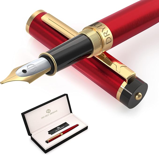 Dryden Designs Fountain Pen. Medium Nib Premium Box | 6 Ink Cartridges Included (Royal Red)
