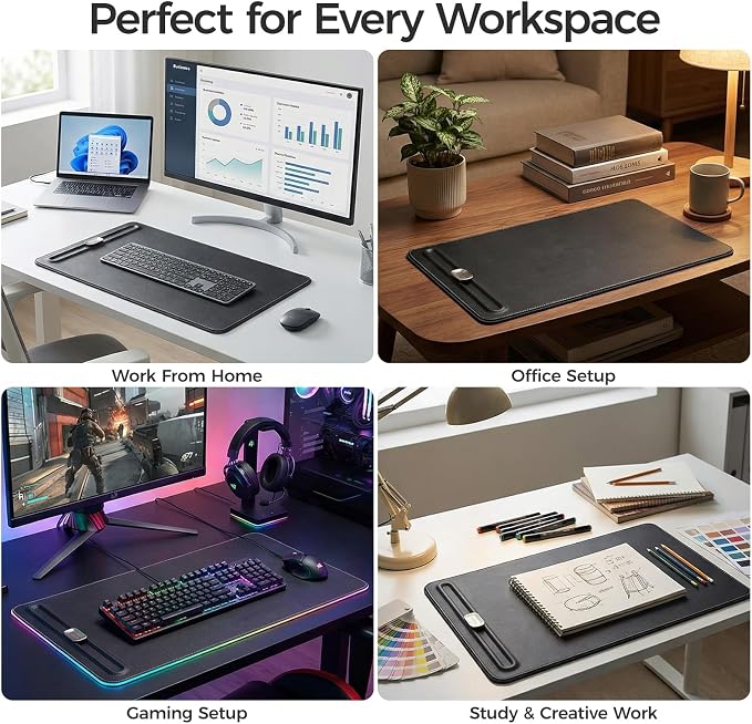 Premium Double-Sided Faux Leather Desk Pad – Non-Slip, Waterproof, with Magnetic Cable Organizer & File Storage – Designed for Offices & Creative Spaces – Durable & Easy to Clean(Black)