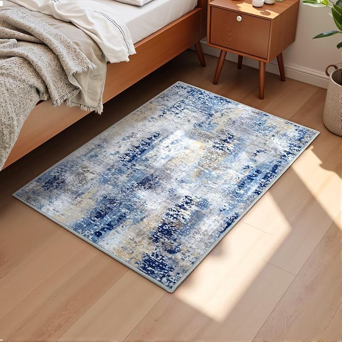 Macgace Washable Abstract Rug, 2x3 Small Modern Area Rugs with Non-Slip Rubber Backed for Kitchen, Thin but Soft Throw Carpet Bedroom Entryway Front Door Decor, Midnight Blue