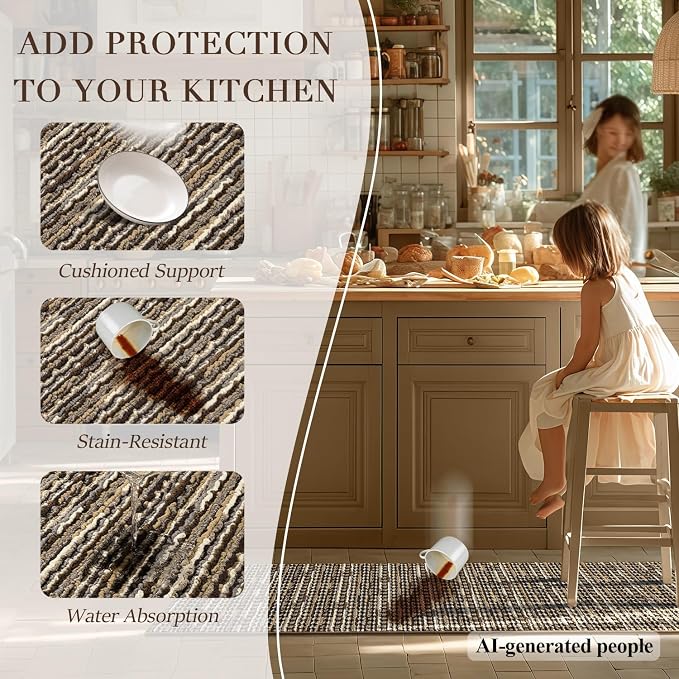Kitchen Rugs Sets of 2-Non Slip Kitchen Mats for Floor-Thick Stain Resistant Vintage Kitchen Floor Mat Runner Carpet for Hallways Entryway Laundry Room Washable(Brown 20"x47"+20"x32")