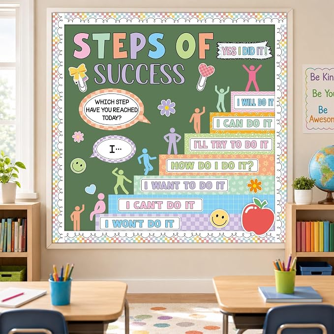 Motivational Bulletin Board Decoration Set Back to School Positive Classroom Decor Steps of Success Paper Cutouts Educational Sayings Accents for School Door Wall Decor Supplies (Composition)