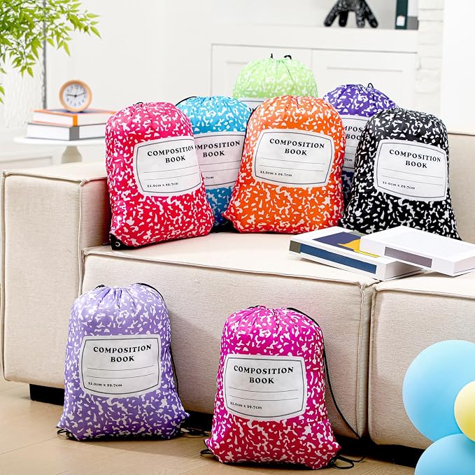 24 Pcs Back to School Composition Book Drawstring Bag Bulk 13"x16" Backpacks Carrying Folder Computer for Writing Teacher (Bright)