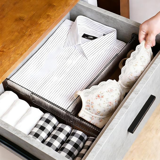 6 Pack 3.2in Drawer Divider, 11-20.5in Adjustable Dresser Drawer Organizer for Clothes, Socks, Underwear, Plastic Separators for Kitchen Utensils, Office, Clear Gray