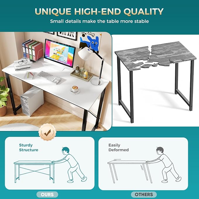 DUMOS 47 Inch Computer Desk for Home Office, Modern Study Work Table Simple Modern Style for Bedroom Small Space, Writing Desks with X-Shaped Reinforcement, Wood White