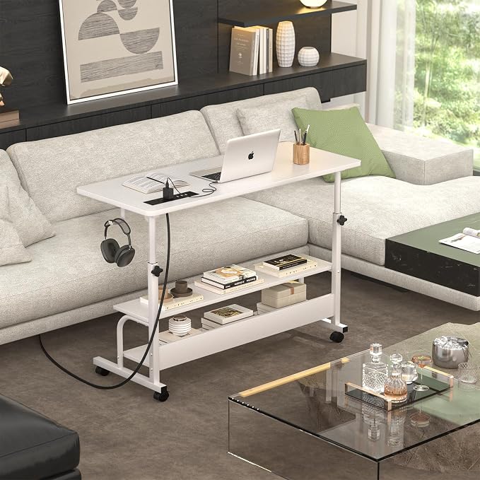 Armocity Rolling Standing Desk with Charging Station, Portable Height Adjustable Mobile Computer Desk with Wheels & 2-Tier Shelves & Hooks, Easy Assembly Laptop Table for Couch Bed, 39" White