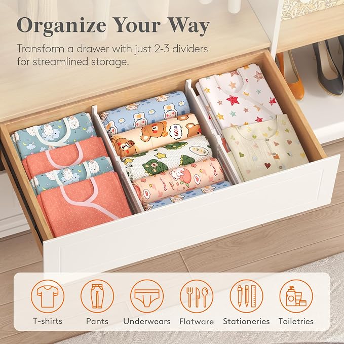 Lifewit 5" High 9 Pack Drawer Dividers, 11.5"-18.5" Adjustable Deep Drawer Organizer Clothes, Expandable White Plastic Separators for Dresser, Kitchen, Cabinet, Nursery, Office Organization & Storage