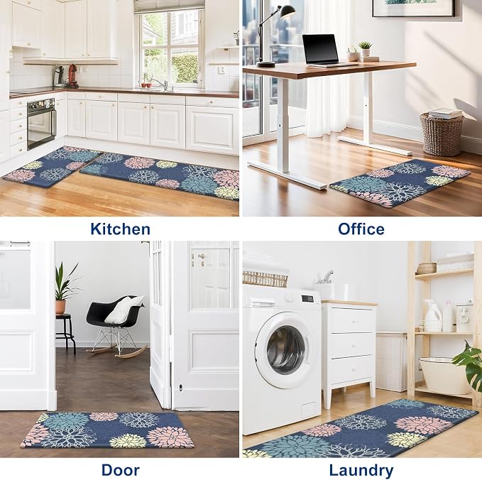 2-Piece Kitchen Mat Set, Blue Floral, 17.3x30 in+17.3x59 in | 0.4 In Cushioned Layer, Washable, Non-Slip PVC Backing,Oeko-TEX Certified for Sink, Stove, Office & Laundry