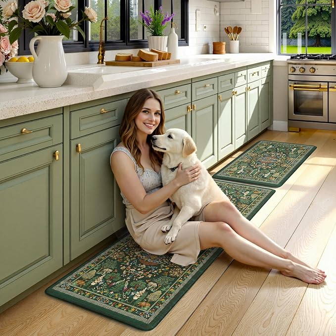 KIMODE Kitchen Mats Cushioned Anti Fatigue 17"x47"+17"x29", Farmhouse Kitchen Mats for Floor 2 Piece, Dark Green Padded Kitchen Floor Mats Non Slip, Standing Mat for Laundry Office Sink Desk