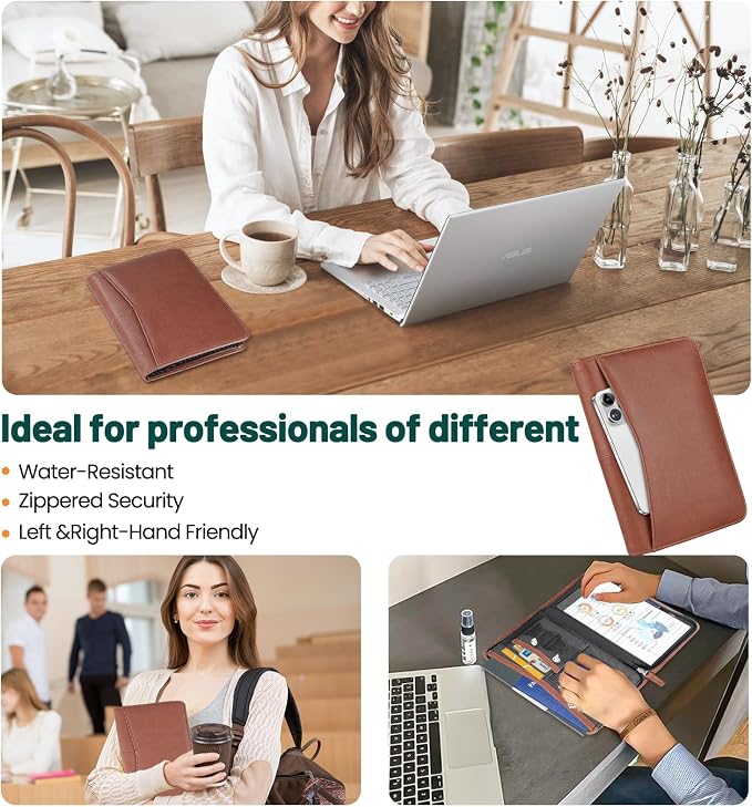 AKAYOK Padfolio Portfolio Organizer Binder Interview Resume Folder Zippered Business Portfolio Faux Leather Padfolio Portfolio Binder for Business School Office Conference Notepad Clip Boards(Brown)