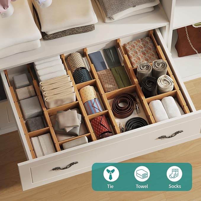 6 Pack Bamboo Drawer Dividers with Inserts, Kitchen Adjustable Drawer Organizers, Expandable Organization for Home, Dressers, 6 Dividers with 12 Inserts