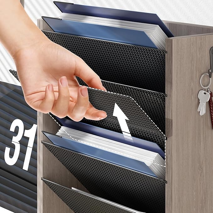 Creso hom Mail Organizer Wall Mounted, Mail Sorter with 2 Key Hooks, 6-Slot File Organizer for Wall or Desk, Wood Letter Holder Envelopes Bills Accessories for Home Office, Greige