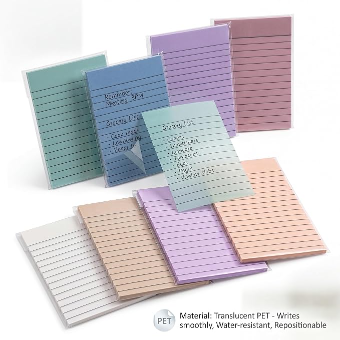 Yinder 8 Pack Colored Transparent Sticky Notes Translucent Clear Lined Self Sticky Notes, Back to School Gift Bible Tab for Planners, School Supplies Office, 30 Sheets/Pack, 4 x 6'' (Aesthetic Color)