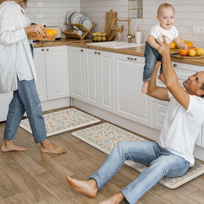 KIMODE Anti Fatigue Kitchen Mats for Floor, Boho Vintage Kitchen Rugs Set | Cream Colored Kitchen Rugs Sets of 2,Cushioned Kitchen Floor Mats, Standing Mat for Sink Laundry Office Desk 17"x47"+17"x29"