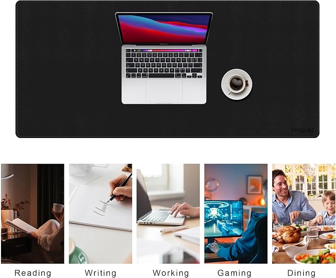 Mydours Extra Long PU Leather Desk Mat, 43.3" x 15.7", Waterproof Surface with Anti-Slip Suede Backing, Black - Extended Coverage for Monitors, Home Office Durable Scratch Resistant Desk Blotter