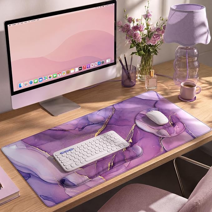 iCasso Purple Ergonomic Large Mouse Pad with Wrist Support, 4in1 XXL Desk Mat Set- Keyboard Wrist Rest + Mouse Wrist Rest + Coaster, Marble Style Desk Pad Mousepad