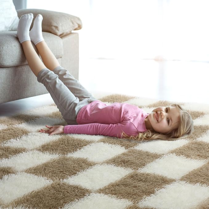 KICMOR 5x7 Beige and Cream White Area Rugs Fluffy Living Room Carpet, Large Fuzzy Checkered Shag Rug for Bedroom Aesthetic, Soft Plush Shaggy Rug for Kids Girls Boys Nursery Room Playroom Home Decor