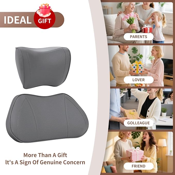 Car Lumbar Support Pillow for Driving Seat, Gray, 1 Pack | Leather Memory Foam Lumbar Cushion for Lower Back Pain Relief, Universal Back Support for Driving, Home & Office Chairs