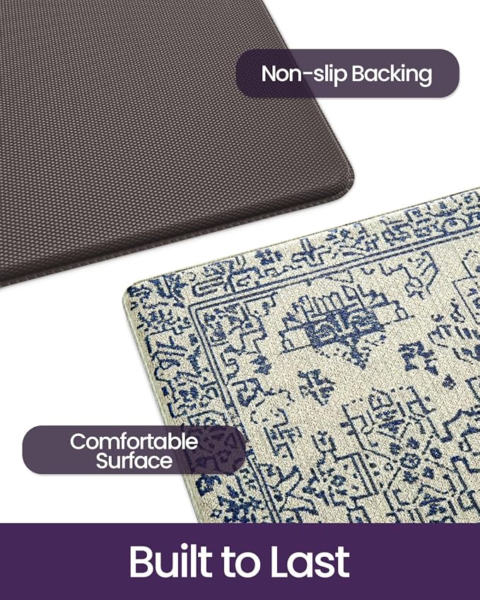 DEXI Kitchen Mats Cushioned Anti Fatigue, 23x59 Floor Padded Runner Rug Non Slip, Waterproof Standing Comfort Memory Foam for Front Sink Laundry, Blue White