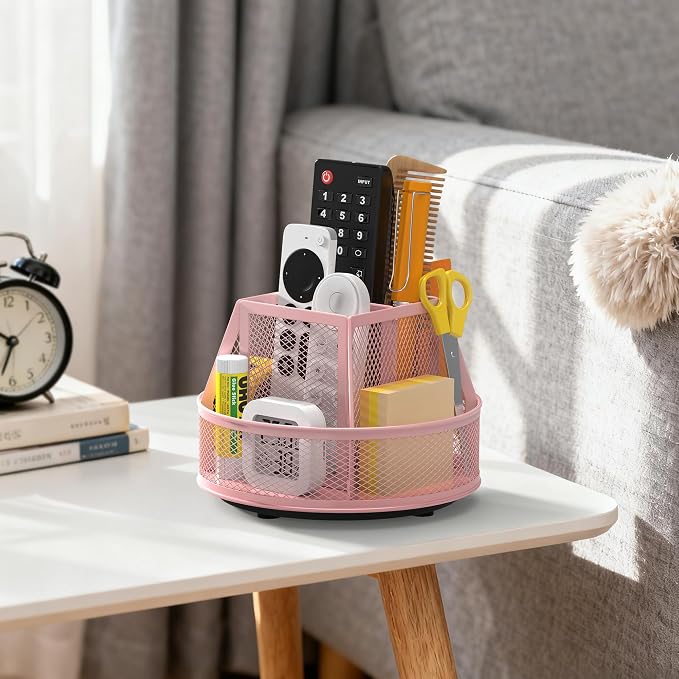 Docnest 360° Rotating Pen Holder,Heavy-Duty Metal Mesh Desk Organizer with 6 Compartments for Pencils,Scissors & Markers –Space Saving Office Supply for Teachers, Students & Home Desk-Pink