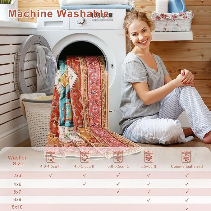 Macgace 5x7 Orange Pink Area Rug for Living Room, Machine Washable Rugs with Non-Slip Backing for Bedroom, Vintage Medallion Carpet Dining Room Office Kids Room Decor