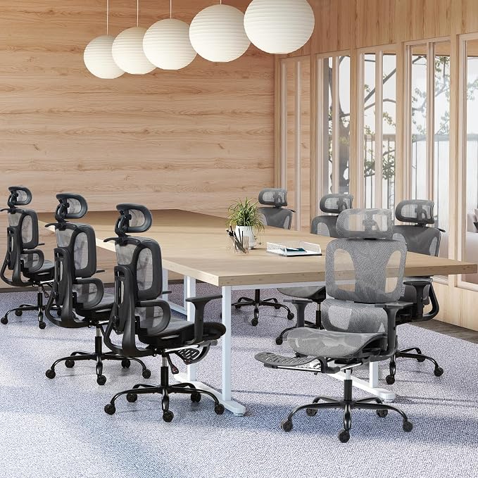 ECOTOUGE Grey Mesh Ergonomic High Back Office Chair with Footrest | Adjustable Lumbar Support, Headrest, Armrests, Reclining, Swivel, Rolling Casters, Sturdy Base, for Home Office & Gaming